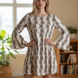 Loveriche Cream Mini Dress with Brown and Blue Floral Stripes NWT